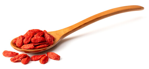 dried Chinese wolfberries in the wooden spoon, isolated on white background