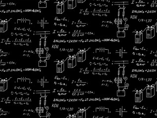 Batteries. Electric law theory and physics mathematical formula equation. Physical equations on blackboard. Technological and scientific  background. Vector hand-drawn vintage seamless pattern.