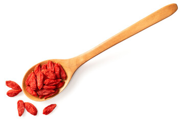 dried Chinese wolfberries in the wooden spoon, isolated on white background, top view