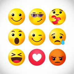 Set of high quality yellow emoji face with smile, wink, care, love, surprised, wow, sad, face tear, Loll and angry emoticon. Creative vector illustration expression signs for internet messenger