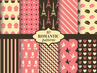 Set of the seamless romantic patterns, sweet heart, spring theme. Vector illustration.