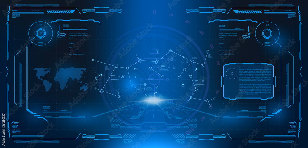 Fototapete Virtual display for video games. Futuristic virtual helmet with 4D technology mapping. User Interface HUD, GUI, UI. Interface with flying planes on blue techno background