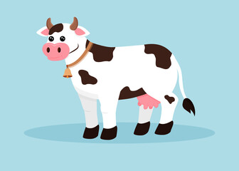Vector illustration of a cow in the style of children's drawings. Cute cartoon cow illustration. 
Vector illustration in cartoon design style.