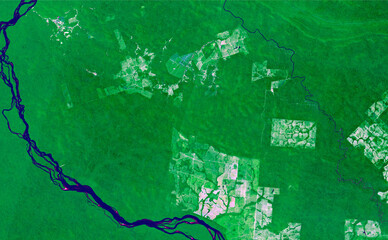Aerial view Amazon region. Satellite images of the Lacandon jungle of Brazil in 2020, crops, rivers and jungle are observed. Generated and modified images of the Sentinel sensor.