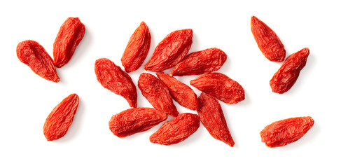 dried Chinese wolfberries isolated on white background, top view