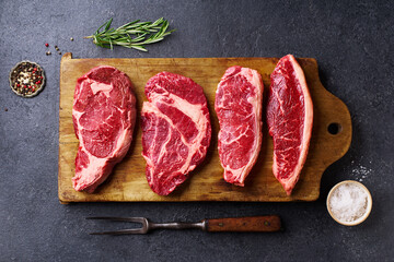 Obraz na płótnie Canvas Variety of fresh Black Angus Prime raw beef steakes