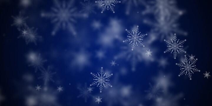 Abstract dark blue background with flying snowflakes