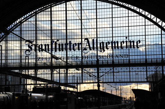 Frankfurt, Hesse / Germany - February 7, 2012: Advertising for Frankfurter Allgemeine Zeitung in the Frankfurt main station, Germany - FAZ is a national centre-right wing German daily newspaper