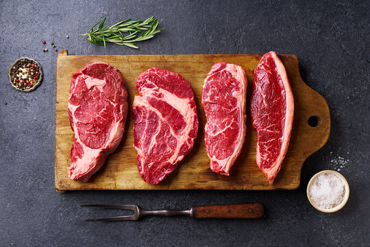 Variety of fresh Black Angus Prime raw beef steakes