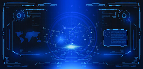 Virtual display for video games. Futuristic virtual helmet with 4D technology mapping. User Interface HUD, GUI, UI. Interface with flying planes on blue techno background