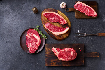 Variety of fresh Black Angus Prime raw beef steakes