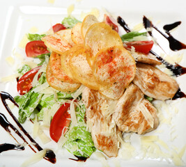 Caesar salad with chicken. Iceberg Salad, Tomatoes, Parmesan Cheese, Caesar Sauce