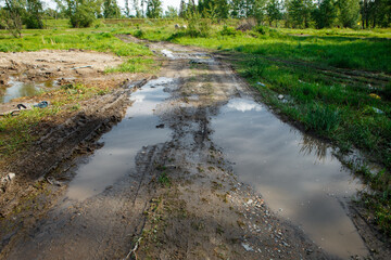 Fototapeta premium The harsh landscape nature and road through the fields for the off-road SUV with puddles and mud. Autumn or spring background. Forest in the background. Rain-washed road, is impassable, slush, mud