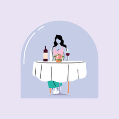social distancing in restaurant, woman eating on table, protection and prevention of coronavirus or covid-19
