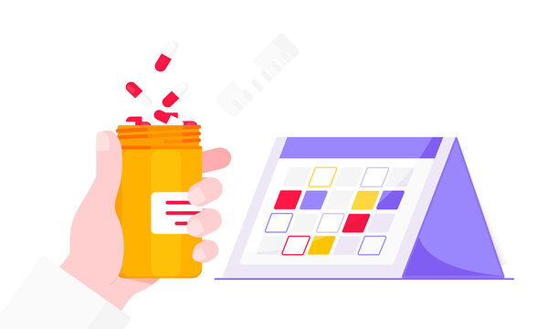 Medicine schedule or medical reminder planner flat style design vector illustration with date calendar and pill bottle isolated on white background. Health care appointment service.