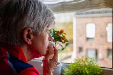 Seniorin am Küchenfenster