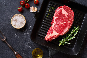 Top view Black Angus prime beef rib eye steak