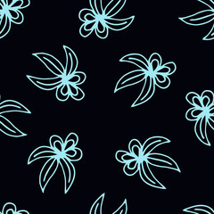 Simple floral seamless vector pattern. Hand-drawn light blue contour of an abstract flower on a black background. For prints of fabric, shirts, clothes, textile products.