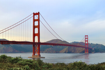 San Francisco 2013, The smooth curve of the Golden gate Bridge in the bay with nice dusk colors