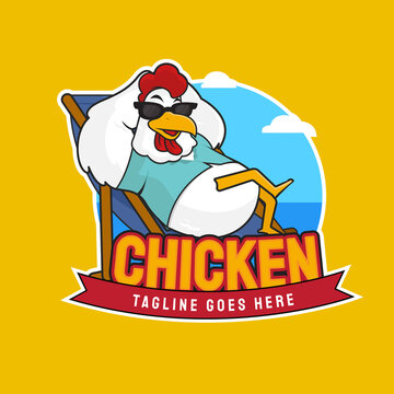 illustration of chill chicken on the beach cartoon character mascot