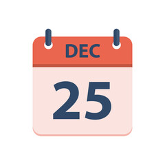 Red Calendar 25 December Vector Illustration Isolated on White Background. Flat Design Style.