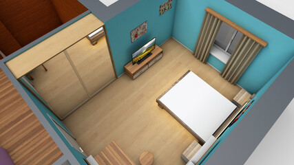 3d render of a bedroom with a bed, a TV and a wardrobe
