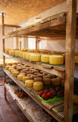A row of aging cheeses on wooden shelves in the farm's maturing cellar