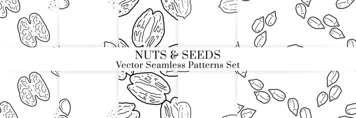 Nuts and seeds vector pattern. Outline hand drawn design