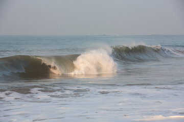 natural copy space shot of a wave crushing on the smooth yellow sand beach surface, forming white foam, with the blue sky on the horizon. Early morning sunrise at Pitiwella beach, Sri Lanka