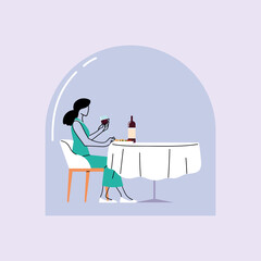 social distancing in restaurant, woman eating on table, protection and prevention of coronavirus or covid-19