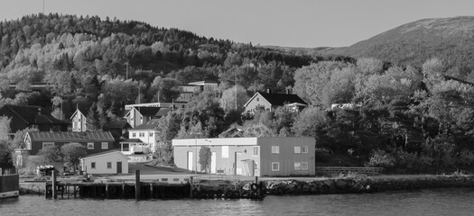 Black and white landscape with ferry pier of Lensvik
