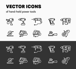 Vector linear graphics, illustration of hend-held power tools, isolated white elements on a black background and black on white.