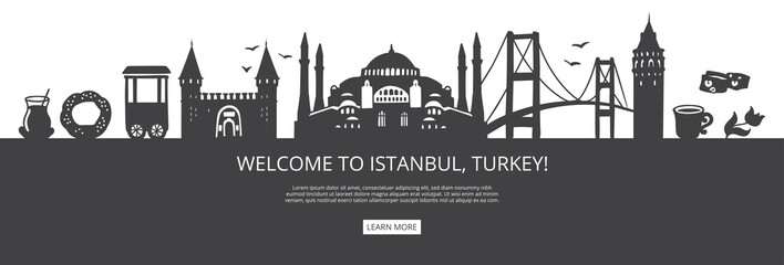 Welcome to Istanbul, Turkey! Black city silhouette and famous Turkish landmarks. City skyline with symbols of Istanbul. Travel to Turkey landing page design. Horizontal banner design for a website.