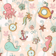 Underwater world, submarine, anchor, sea creatures and weeds. Seamless pattern. Vector illustration.