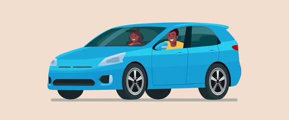 Car CUV with young afro man and woman inside. Vector flat style illustration.