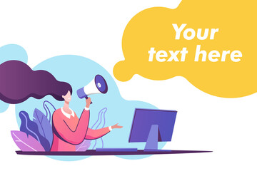 Advertising promotion. Woman shout in loudspeaker, advertisement marketing concept. Announcement business communication. Vector illustration.