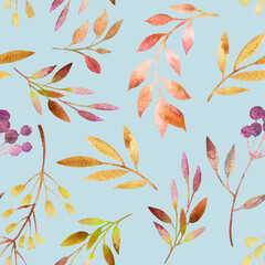 Watercolor seamless pattern. Twigs, leaves on a blue background