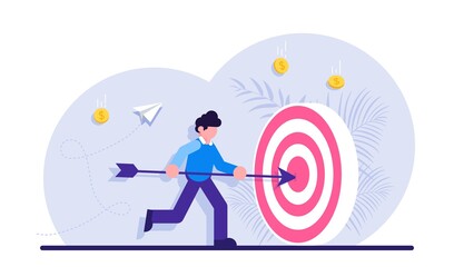 Concept of market goal achievement, financial aim. Character, office worker or clerk poking center of shooting target with arrow. Modern flat illustration.