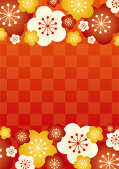 【年賀状・節分素材】梅と市松模様の背景イラスト 赤