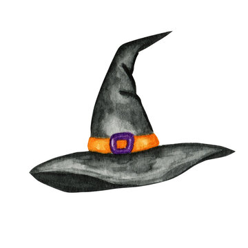 Halloween witch hat. Watercolor black wizard cap with orange belt. Symbol of Halloween party Isolated illustration on white background