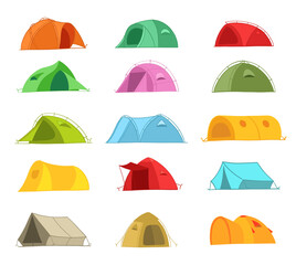 Tents for a summer vacation in nature. Icon set. Different colors and designs. Tourism adventure. Travel camping. Flat vector illustration.