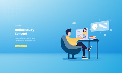 Online study illustration with learning from home concept