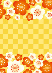 【年賀状・節分素材】梅と市松模様の背景イラスト 金赤