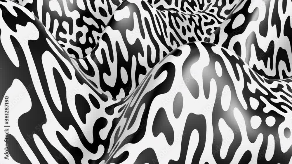Aufkleber Diffusion reaction seamless pattern animated background. Abstract linear design with biological shapes. Black and white liquid shape. 4K 3D animation.