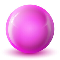 Glass pink ball or precious pearl. Glossy realistic ball, 3D abstract vector illustration highlighted on a white background. Big metal bubble with shadow.