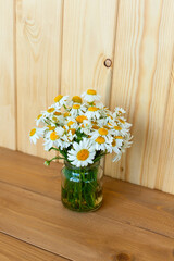 Bouquet of daisy-chamomile flowers in concrete pot in the morning.