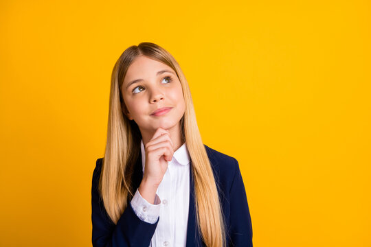Close-up portrait of her she nice attractive minded genius brainy schoolchild nerd creating strategy science academic progress isolated bright vivid shine vibrant yellow color background