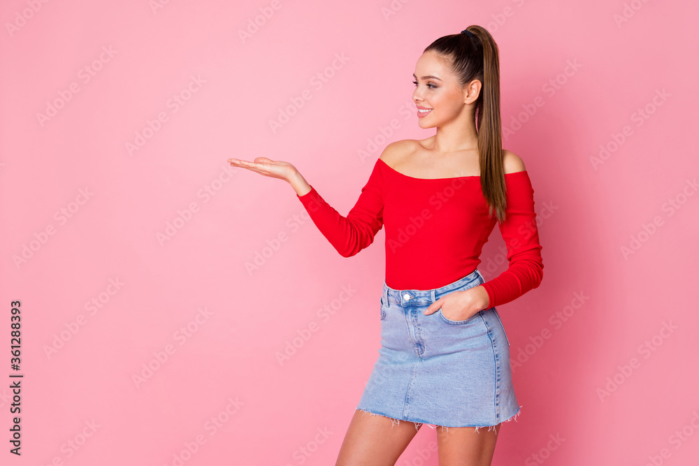 Canvas Prints Portrait of her she nice-looking attractive lovely pretty cute confident cheerful cheery girl holding on palm copy space ad advert isolated over pink pastel color background