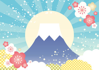 【年賀状素材】かわいい富士山と初日の出の背景イラスト 青