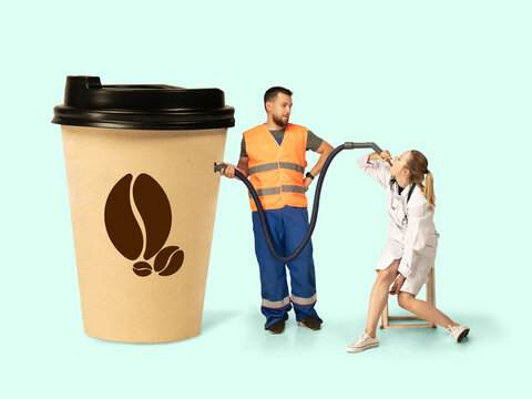 Gas up yourself, filling up with coffee to wake up. Creative artwork. Doctor, nurse drinking coffee with gas station pouring coffee. Looks bored and tired, needs cistern of aroma drink to feel energy.